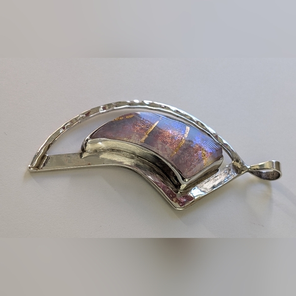 2.50" Signed Indigo Flameworks Sterling Silver Handmade Dichroic Glass Pendant - Picture 2 of 6